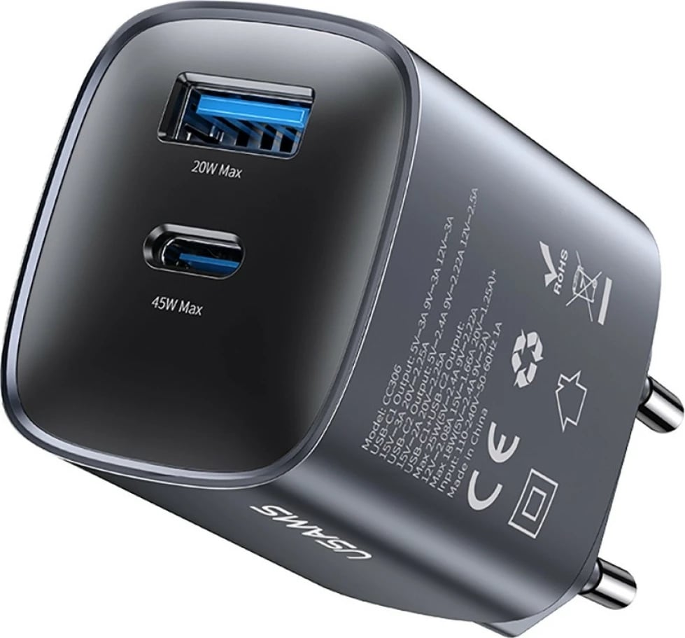 Karikues muri GaN 45W, USAMS CC290 T66 (USA001666), 1x USB-C + 1x USB-A, PD/QC, i zi