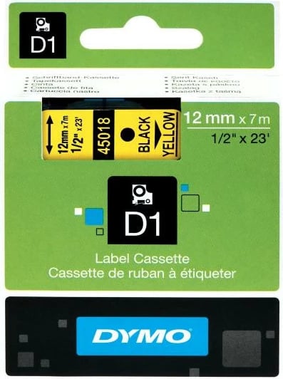 Shirit etiketimi, Dymo, D1 45018 (S0720580), poliester standard për zyrë, e verdhë me tekst të zi