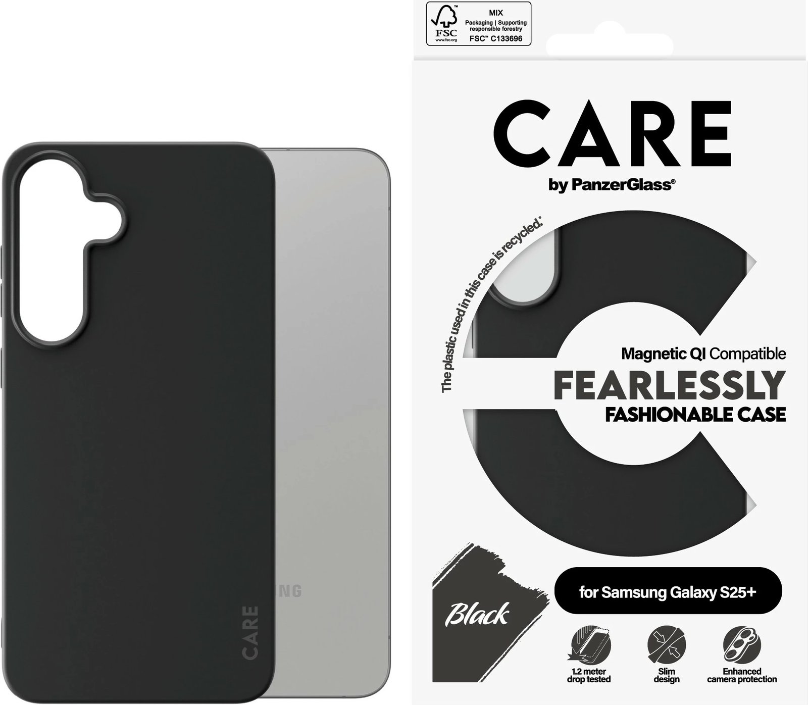 Mbështjellës PanzerGlass CARE për Samsung Galaxy S25 Plus, silikon, i zi