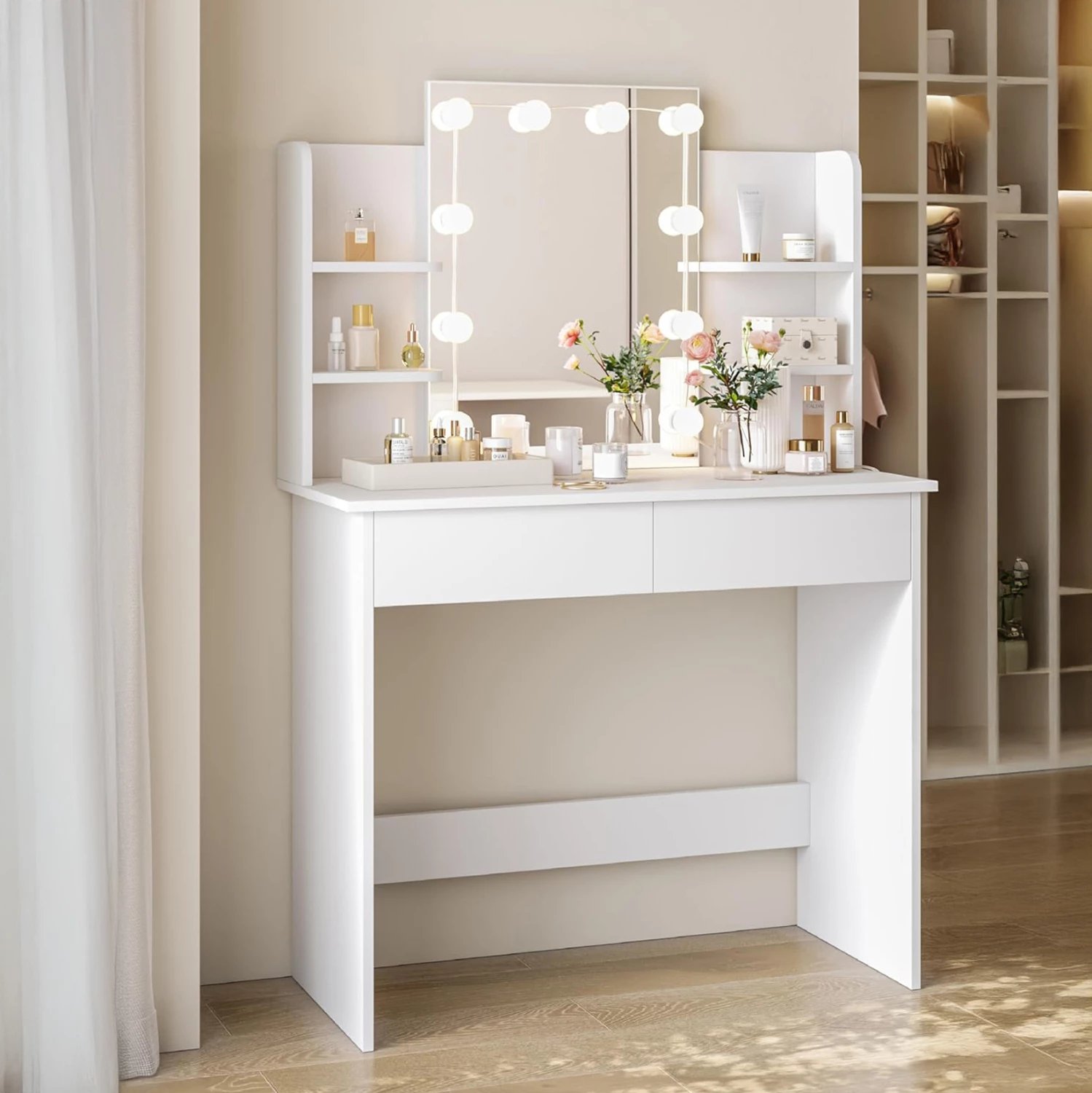 Tavolinë për grim me LED, rafte dhe sirtarë, ngjyrë e bardhë, LAURYN FH2502.03, 101.8x40x139.5H cm
