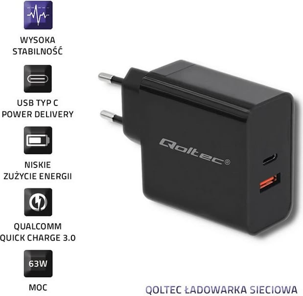 Karikues rrjeti Qoltec 51716, 63W, USB Type-C PD & USB QC 3.0, i zi