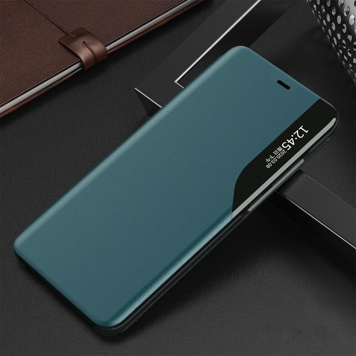 Mbështjellës Hurtel Eco Leather View Case për iPhone 13 Pro Max, me kapak dhe qëndrim, e gjelbër