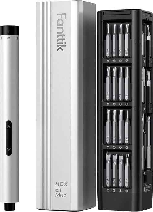 kaçavidë elektrike precize, Fanttik E1 Max 3.7V, 200 rpm, bateri 350 mAh, argjendtë, set 50 bite