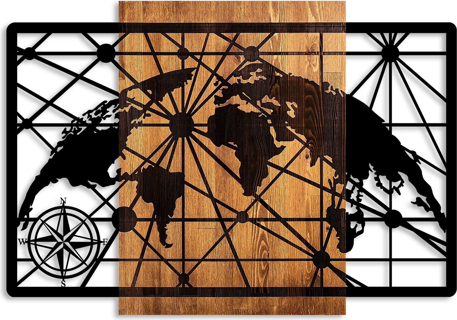 Aksesor dekorativ për mur, hartë bote, dru dhe metal, Wallity, 70x99cm, ngjyrë arre dhe e zezë