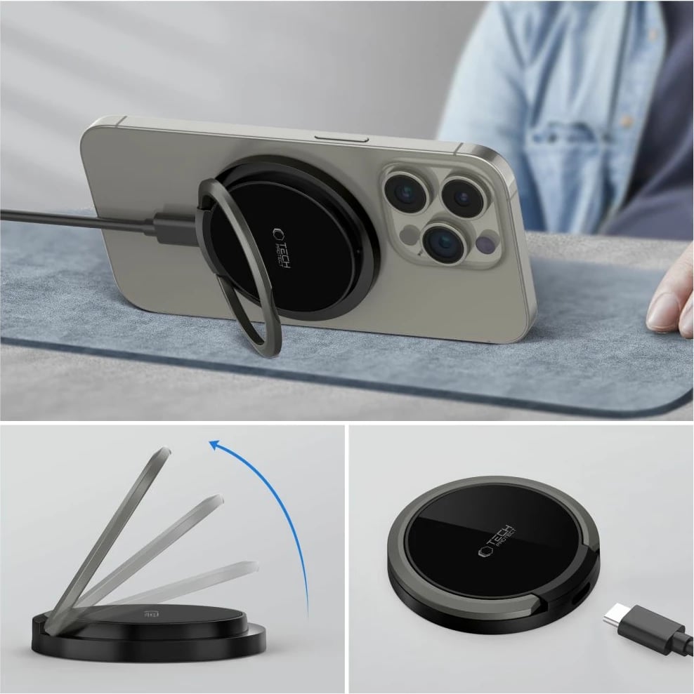 Karikues wireless Tech-Protect QI15W-A33 me MagSafe dhe stand, 15W, me kabllo USB-A/USB-C, zi