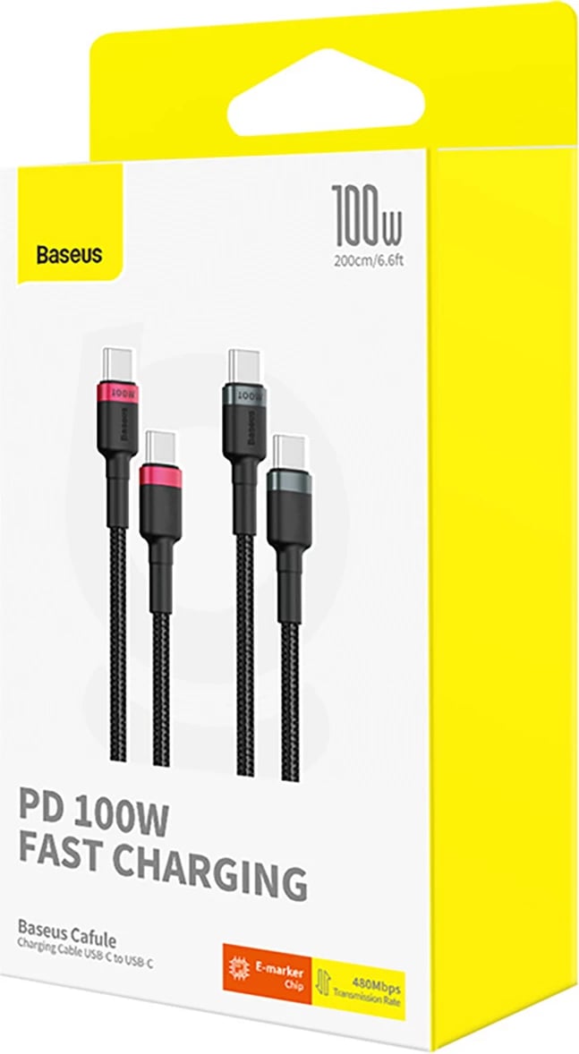 Kabllo USB-C Baseus Cafule, 2m, 100W, set prej 2 copë, zi-kuqe dhe zi-gri