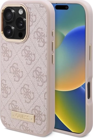 Mbështjellës Guess 4G Logo Plate MagSafe për iPhone 16 Pro, Rozë