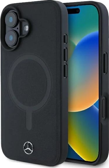 Mbështjellës Mercedes Plain Smooth Leather MagSafe për iPhone 16, i zi