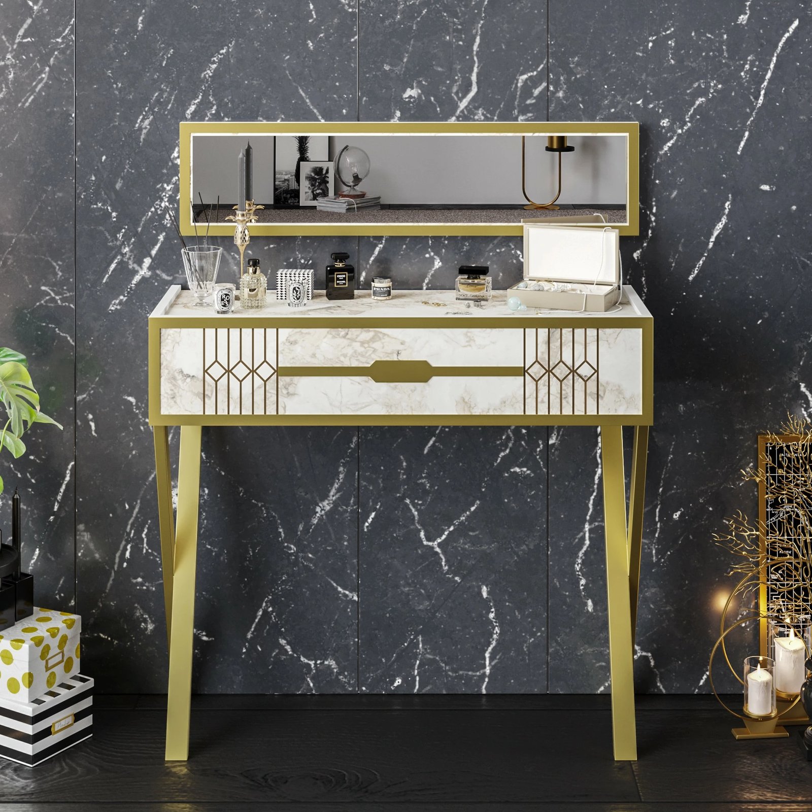 Komodë Frida, ngjyrë e bardhë, me pasqyrë