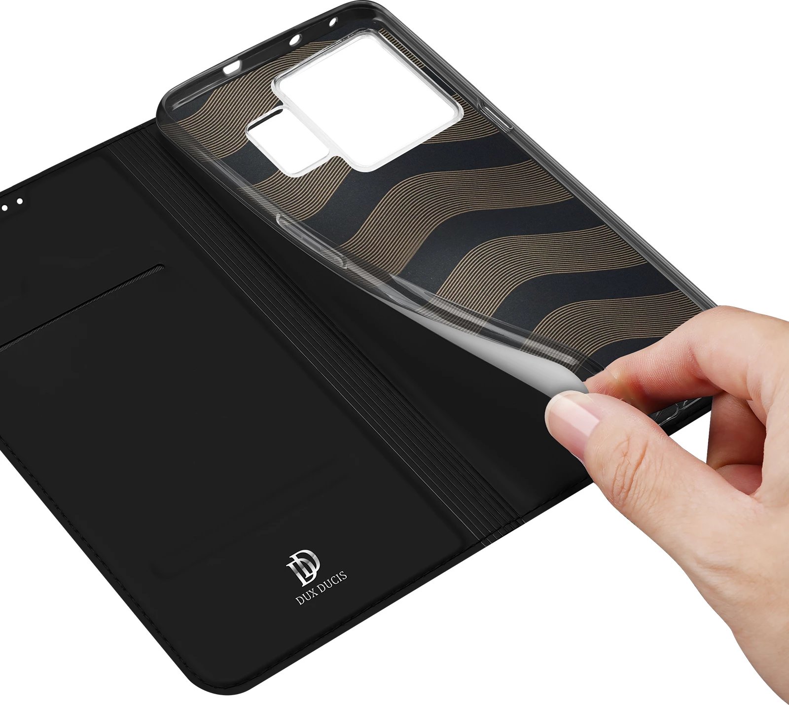 Mbështjellës Dux Ducis Skin Pro për Realme GT Neo 5 / Realme GT3, me kapak, xhep kartelash, funksion standi, e zezë Mbështjellës Dux Ducis Skin Pro për Realme GT Neo 5 / Realme GT3, me kapak, xhep kartelash, funksion standi, e zezë