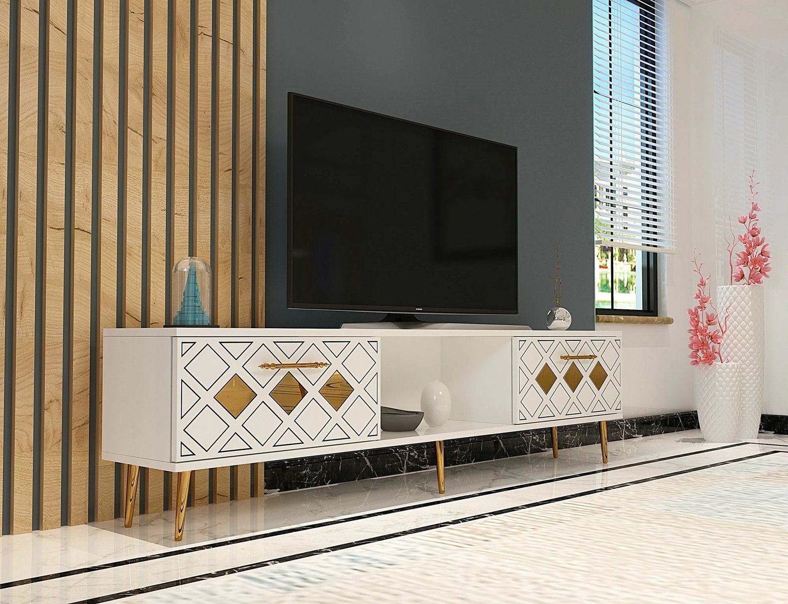 Komodë TV Skye Decor, e bardhë, e artë