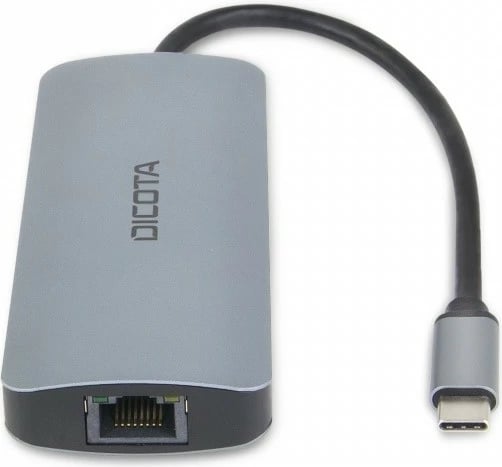 Hub USB‑C 8‑në‑1 DICOTA D32062 4K, PD 100W, HDMI, RJ‑45, 3x USB‑A, USB‑C, lexues SD/microSD argjendtë