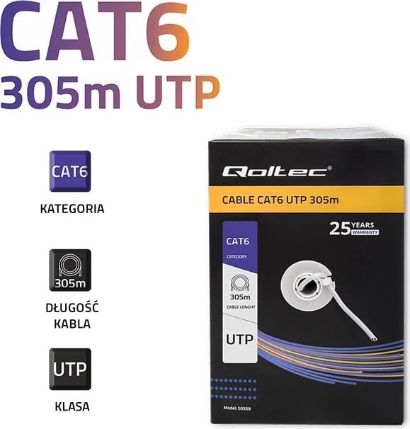 Kabllo rrjeti Qoltec 50359, CAT6, 305m, gri