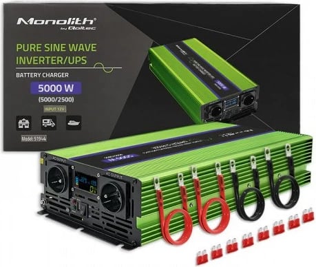 Invertor fuqie Qoltec Monolith 51944, 5000 W, 12 V në 230 V, Gjelbër