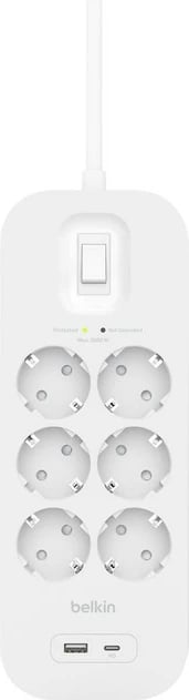 zgjatues me mbrojtje nga rryma, Belkin, SRB002vf2M-V2, 6x Schuko, 1x USB-A 1x USB-C PD, 650J, kabllo 2m, e bardhë