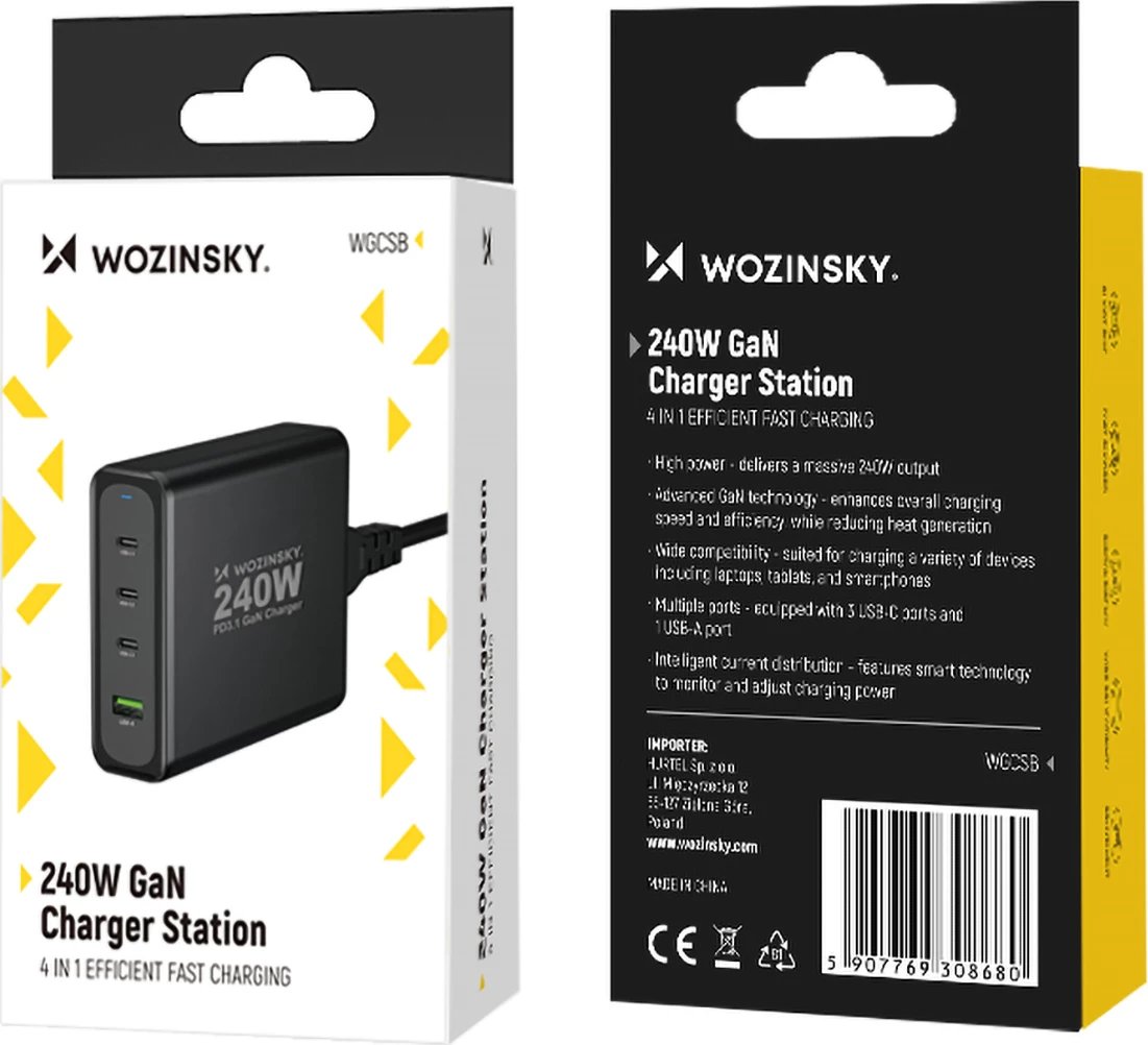 Karikues muri Wozinsky WGCSB, 240W, 3x USB-C, 1x USB-A, GaN, i zi Karikues muri Wozinsky WGCSB, 240W, 3x USB-C, 1x USB-A, GaN, i zi