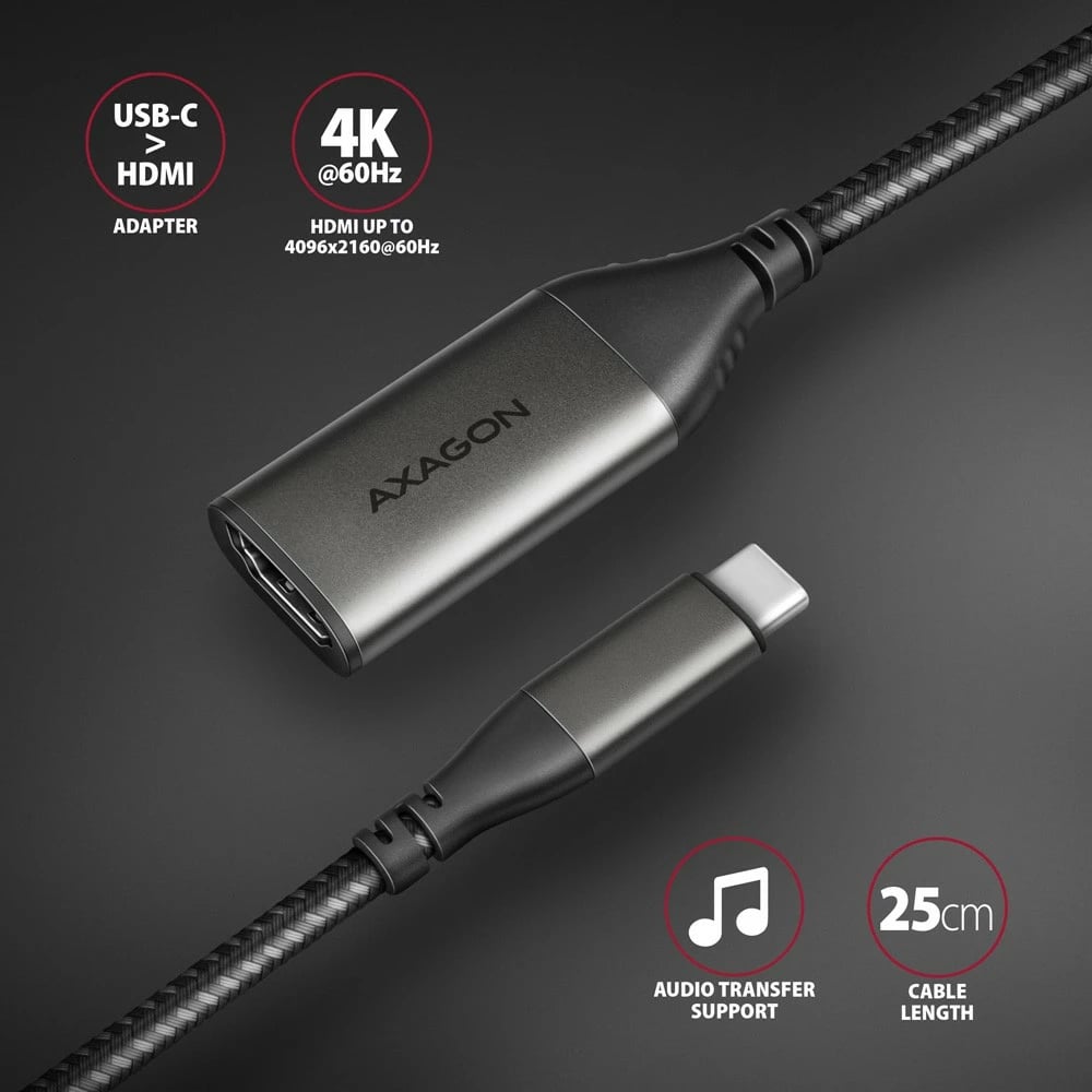 Adapter AXAGON RVC-HI2M USB-C në HDMI 2.0, 25cm, Gri