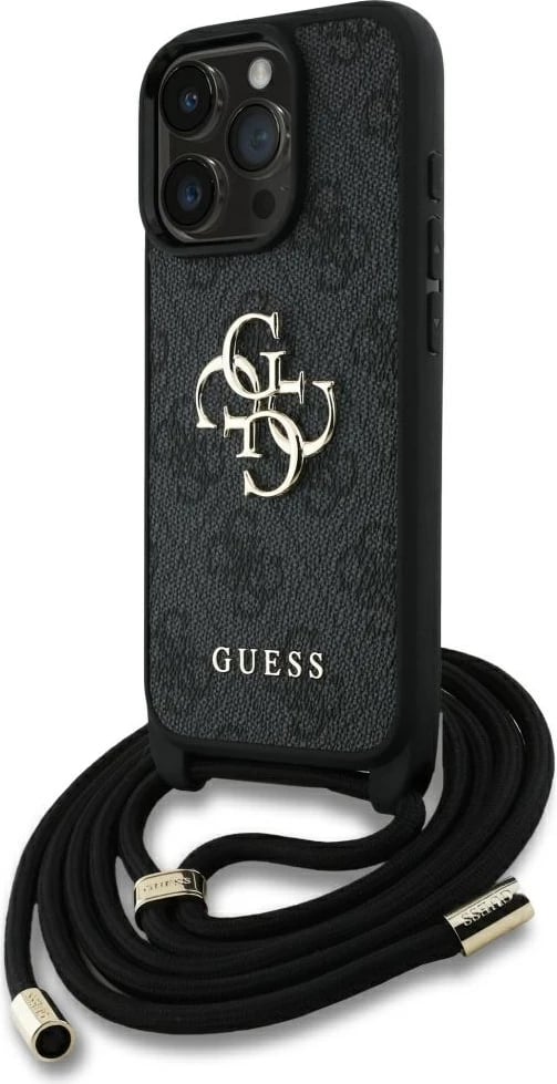 Mbështjellës Guess 4G Big Logo Cord Stap Crossbody për iPhone 16 Pro, e zezë