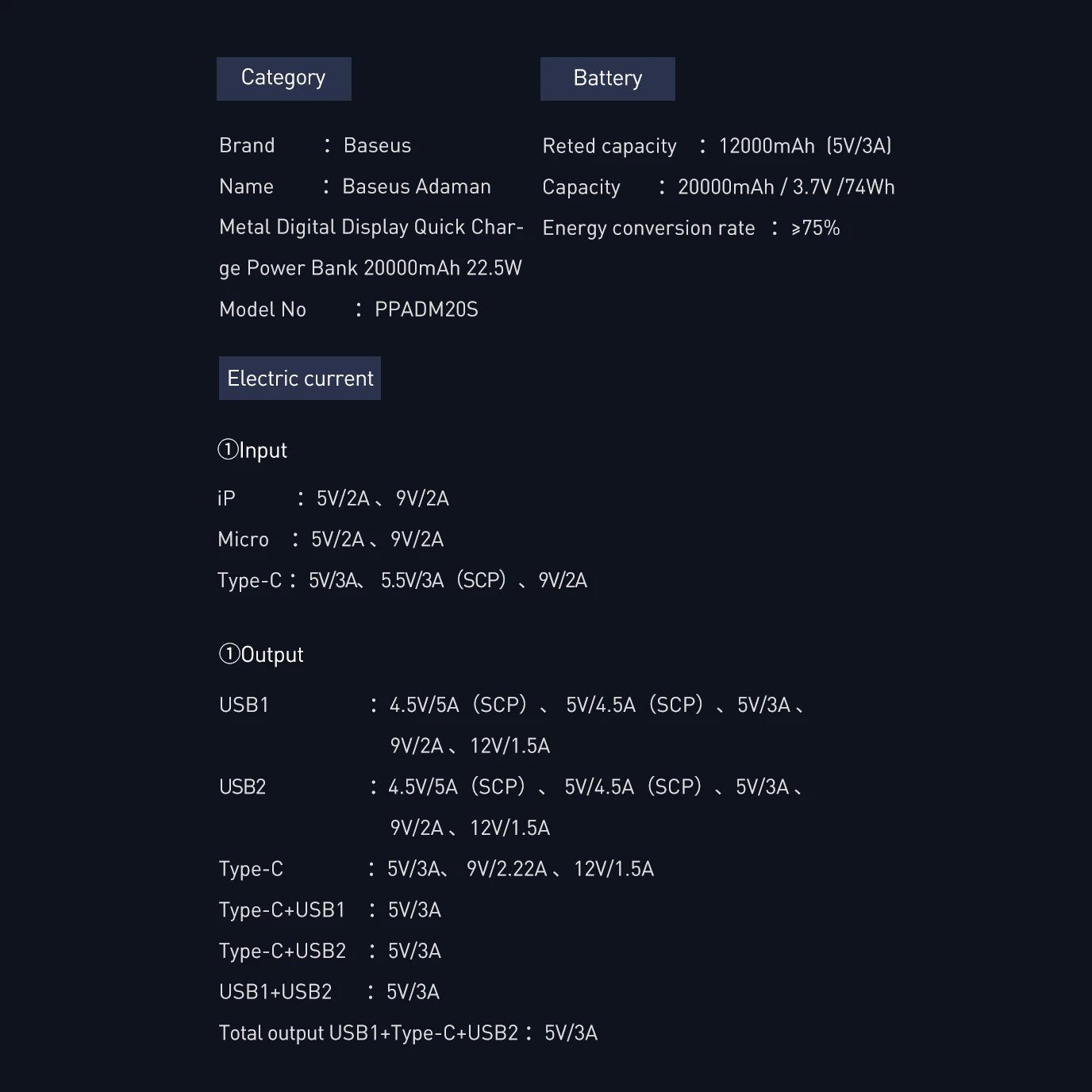 Powerbank Baseus Adaman 20000mAh, 22.5W, me kabllo USB-A në USB-C, e zezë