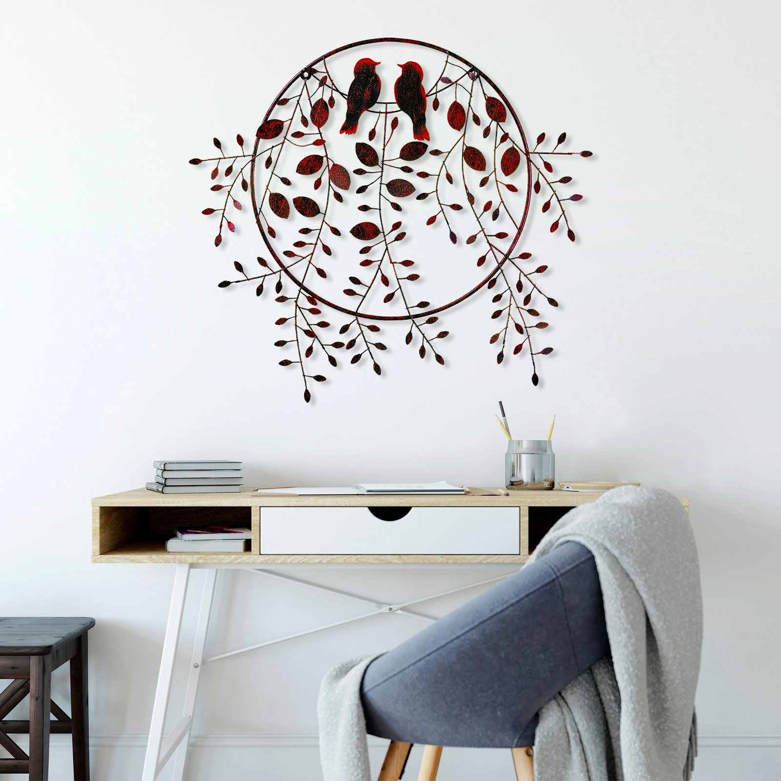 Aksesor dekorativ metalik për mur, dashuria e zogjve, shumëngjyrësh, 75x86cm