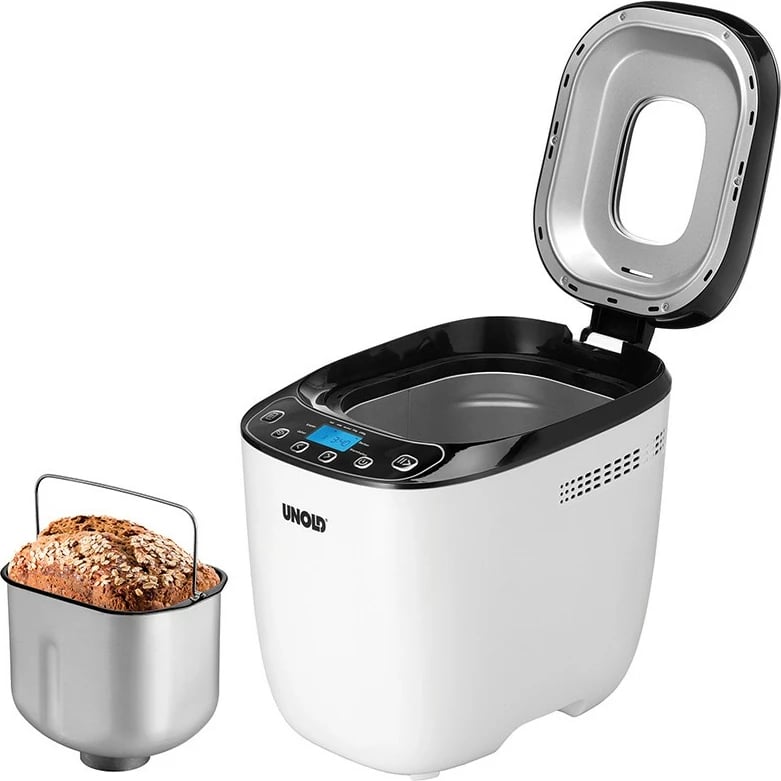 Makineri buke UNOLD 68010, 1 kg, timer i programueshëm, kontroll i thekjes, funksion mbajtje ngrohtë, dritare shikimi, e bardhë