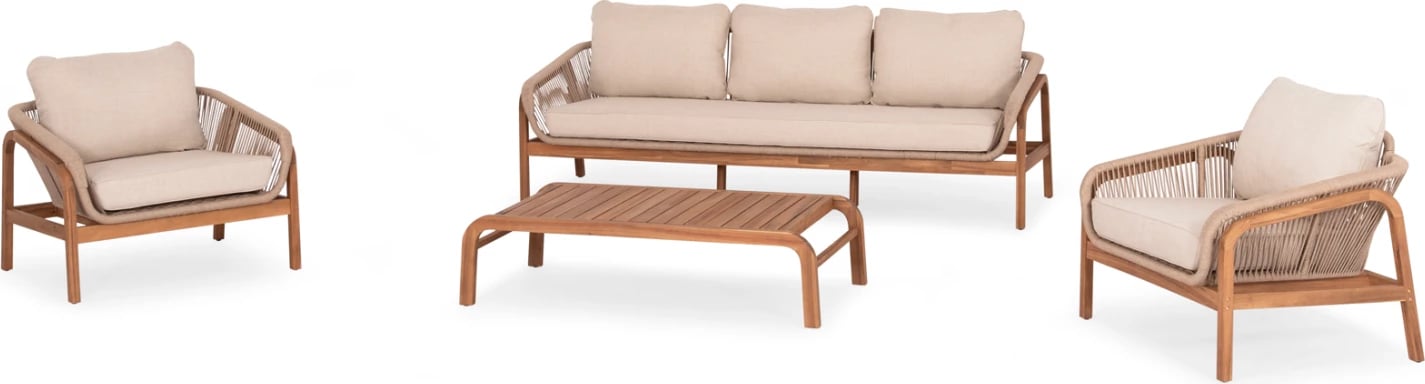 Set lounge për jashtë, 4 pjesë, druri akacie, alumin & litar, ngjyrë bezhë, OASIS CD6224