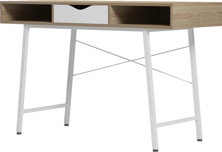 Tavolinë zyre Komo, ngjyrë sonoma-bardhë, këmbë metalike të bardha, 120x48x76cm