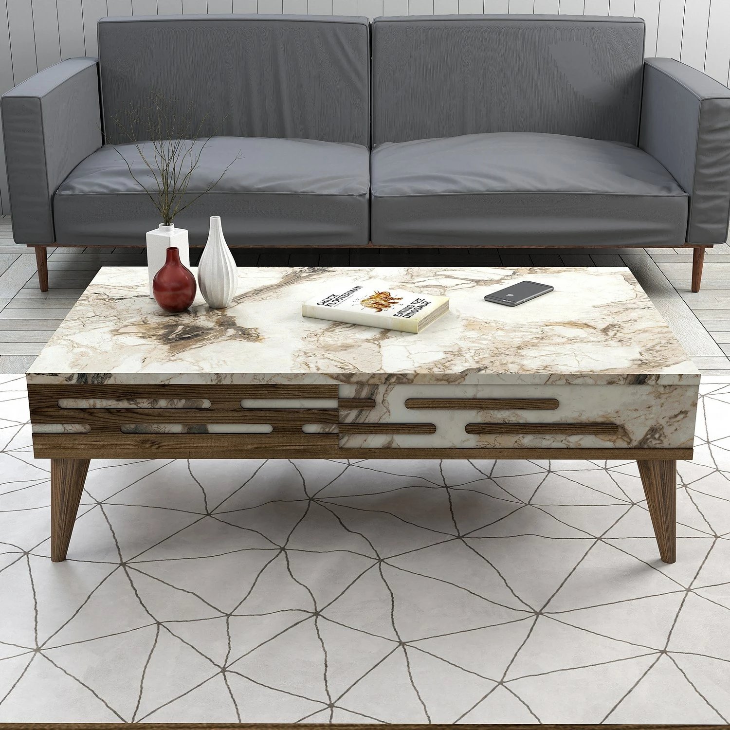 Tavolinë kafeje Hanah Home, Valensiya, ngjyrë arre, e bardhë, mermer