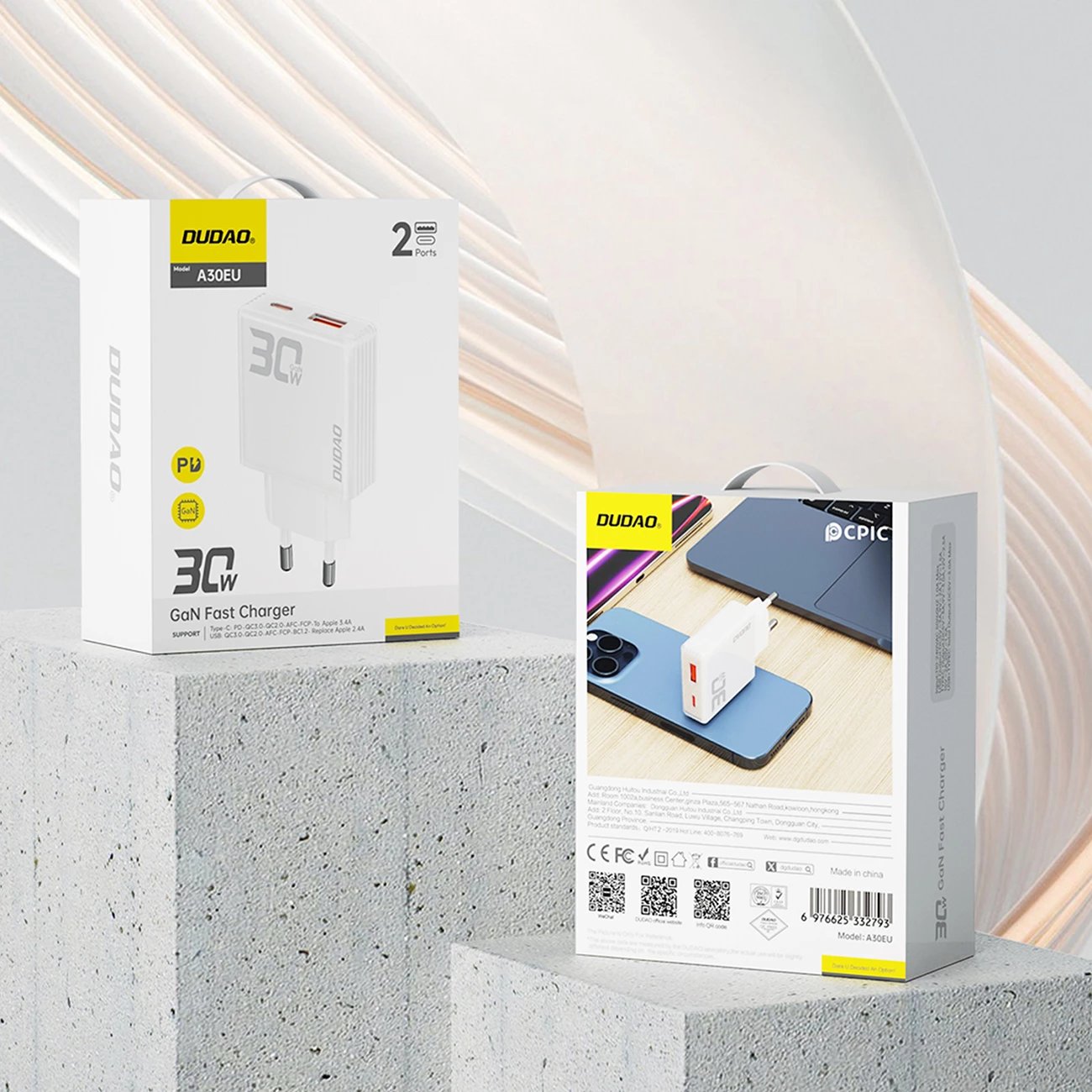 Karikues muri Dudao A30EU, GaN, 30W, 2 porta USB-A/USB-C, i bardhë