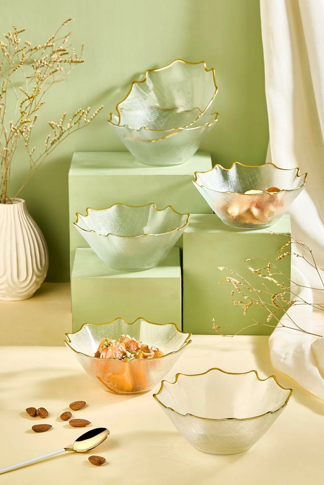 Set tasash qelqi, 6 copë, Hermia Bloom, transparent, buzë ari