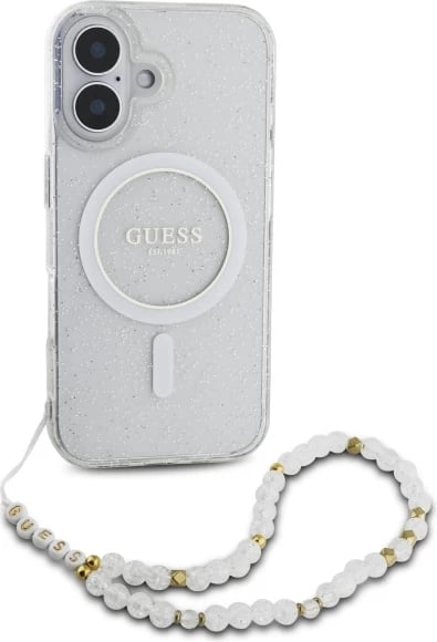 Mbështjellës Guess IML Glitter me rrip perlash MagSafe për iPhone 16 Plus, Transparent