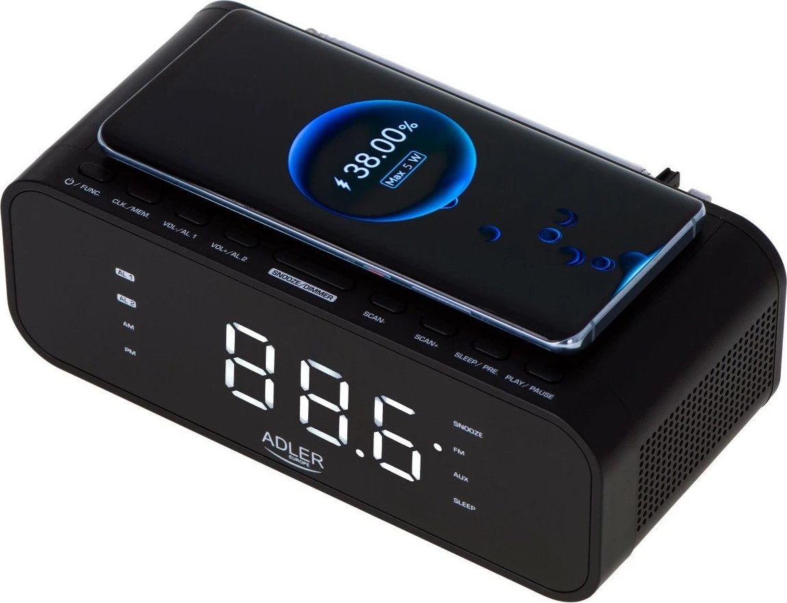Radio-alarëm Adler AD 1192B me Bluetooth, karikues pa tela, USB, FM, e zezë