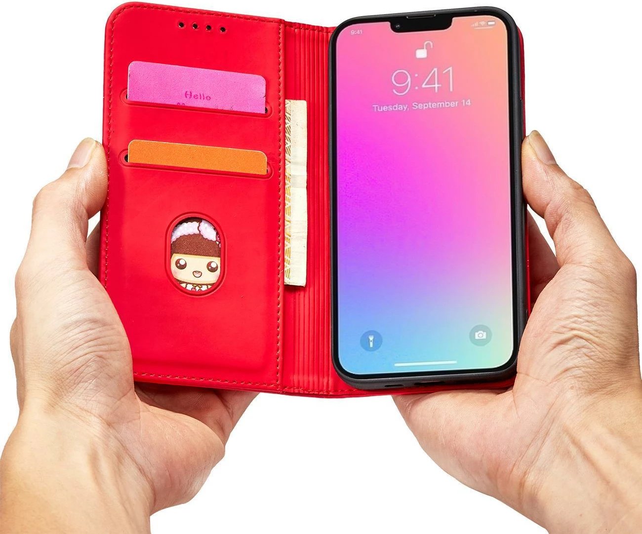 Mbështjellës magnetik Hurtel për iPhone 13 Pro Max, me kapak, xhep për karta, i kuq