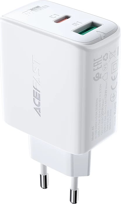 Karikues muri Acefast A5, 32W, USB Type-C/USB-A, i bardhë