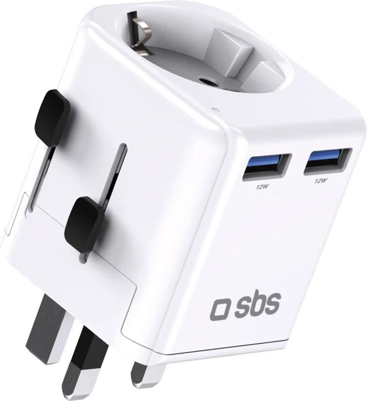 Adapter udhëtimi universal, SBS, TEADAPTEUGND, 2x USB-A 12W + prizë AC 2500W, plugje UK/US/AU/EU/ASIA, bardhë