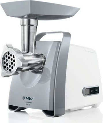 Grirëse mishi, Bosch MFW66020, 600 W, deri 3 kg/min, sita 3/4.5/6 mm, funksion reverse, gri/bardhë, me aksesorë kebbe dhe mbushje sallami