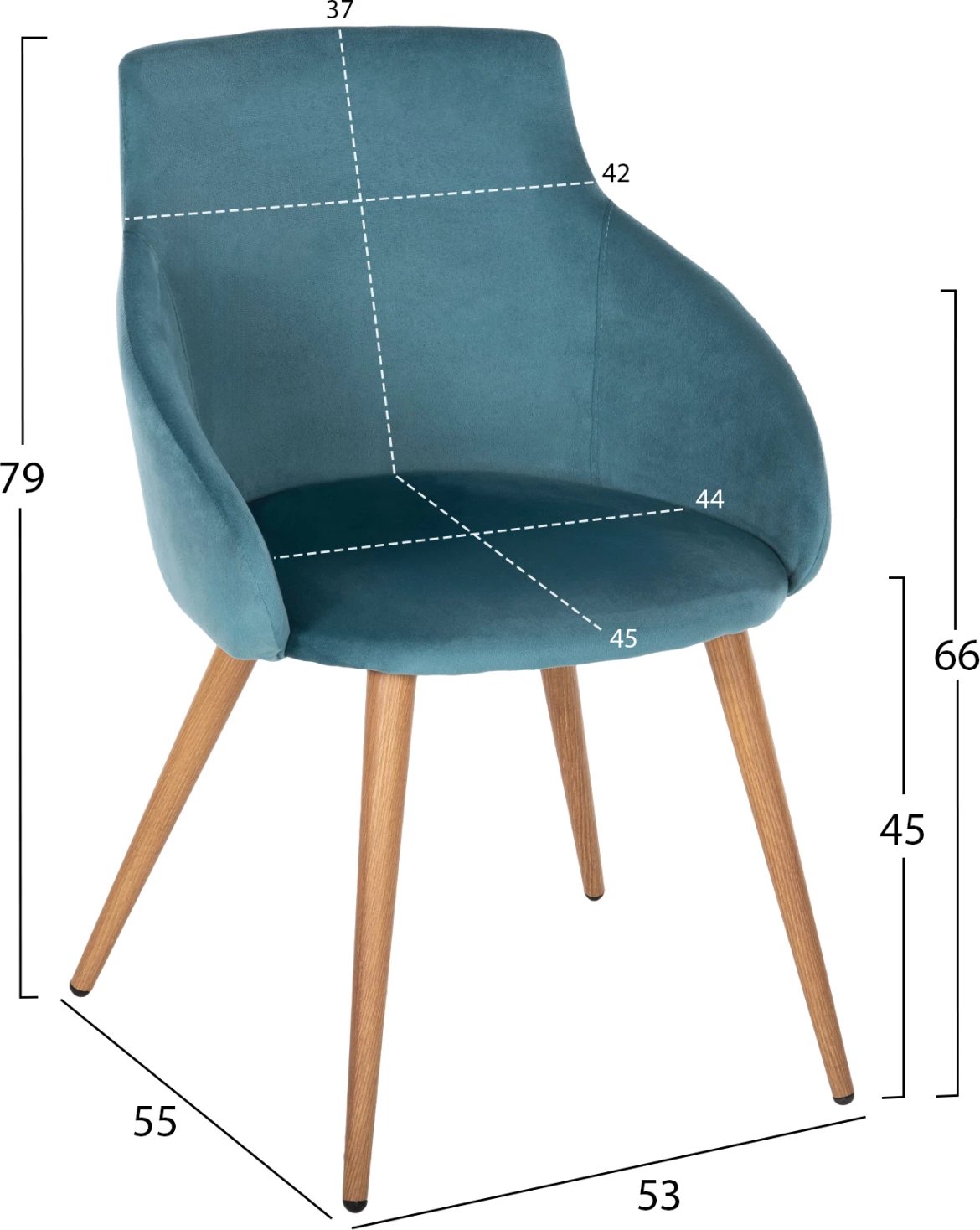 Karrige ngrënieje IVY, kadife turkeze dhe këmbë metali ngjyrë druri natyral, 53x55x79H cm., set prej 2 copë