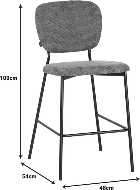 Karrige për bar Cathair, pëlhurë bouclé, ngjyrë gri e errët, këmbë metalike të zeza, 48x54x100cm