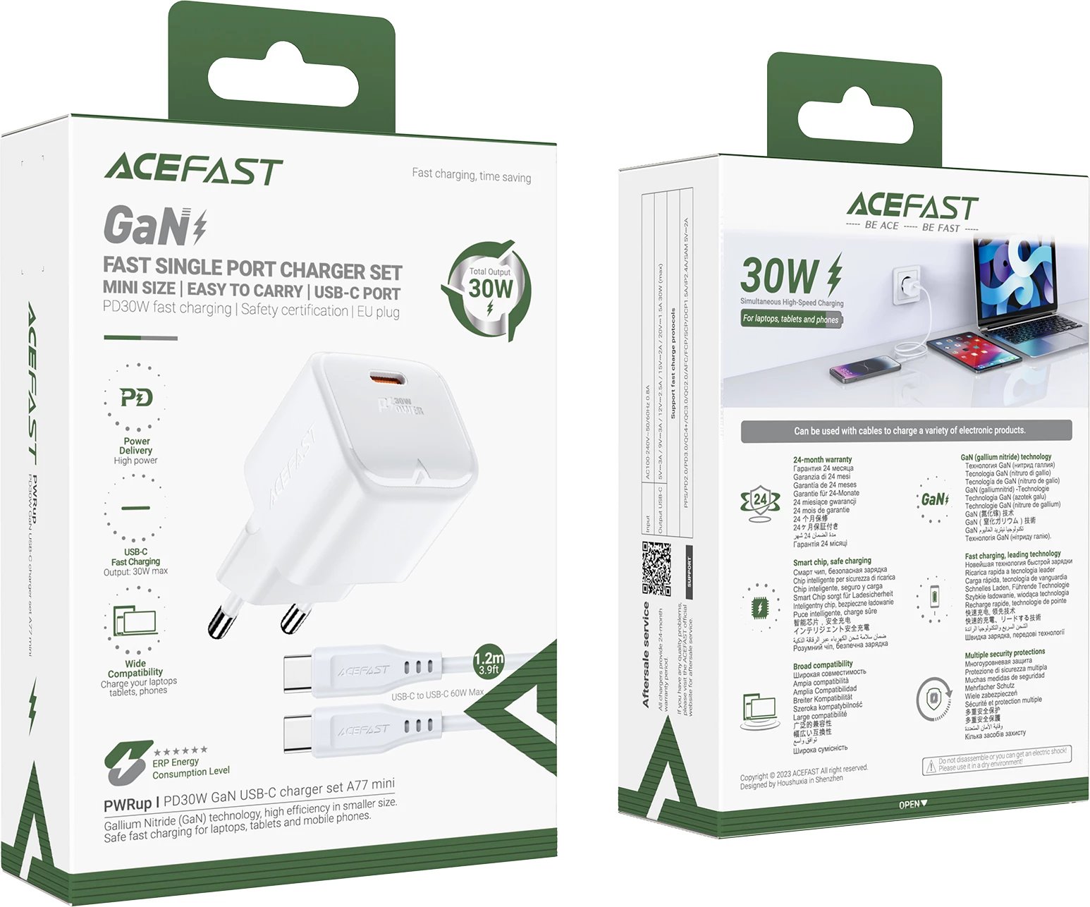 Karikues muri Acefast A77 Mini me GaN, 30W, me kabllo USB-C, Bardhë