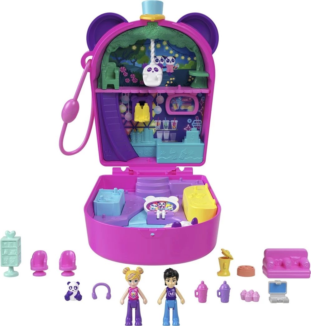Set lodrash Polly Pocket Bubble Tea Panda Compact me 2 kukulla të vogla dhe panda, shumëngjyrësh