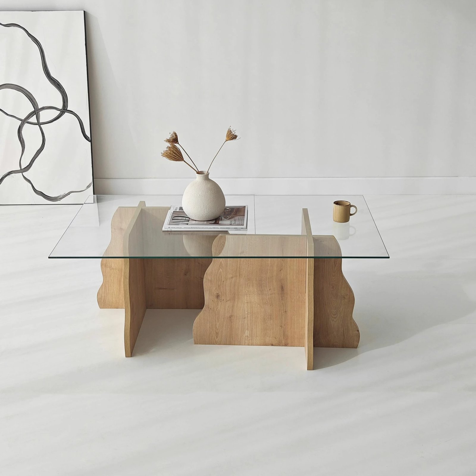 Tavolinë kafeje Skye Decor, lisi Sapphire, xham transparent