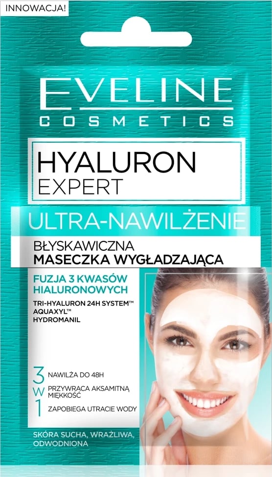 Maskë për fytyrë Eveline Cosmetics Hyaluron Expert Ultra-Hydrating Instant Mask Smoothing 3-in-1 për femra, 7ml