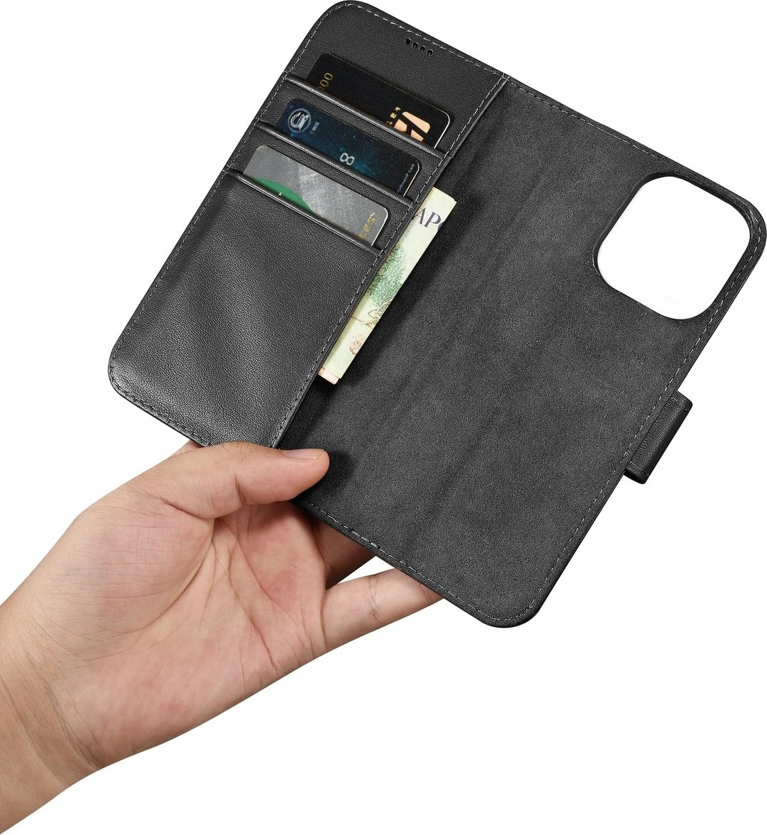 Mbështjellës iCarer Wallet Case 2in1 për iPhone 14 Pro, lëkurë natyrale, Anti-RFID, e zezë