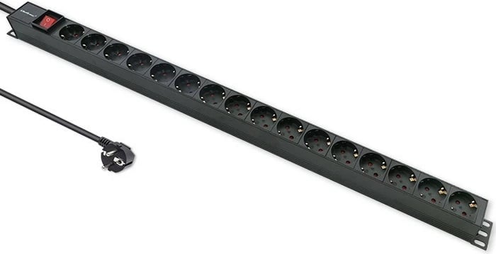 Kasë PDU Qoltec 54605, 16x SCHUKO, 1.8m, për rack, e zezë