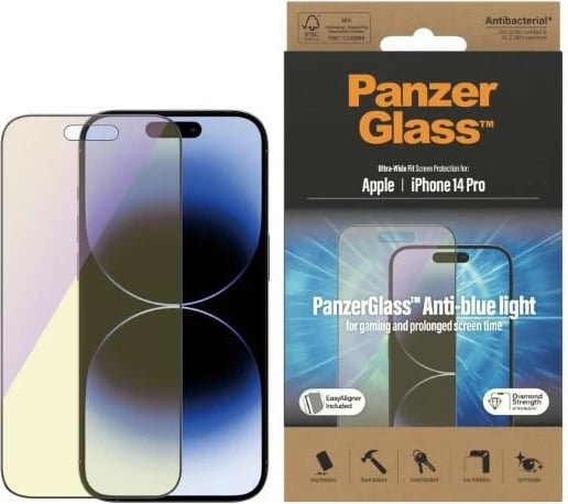 Xham mbrojtës PanzerGlass Ultra-Wide Fit me filtër dritë blu dhe EasyAligner për iPhone 14 Pro