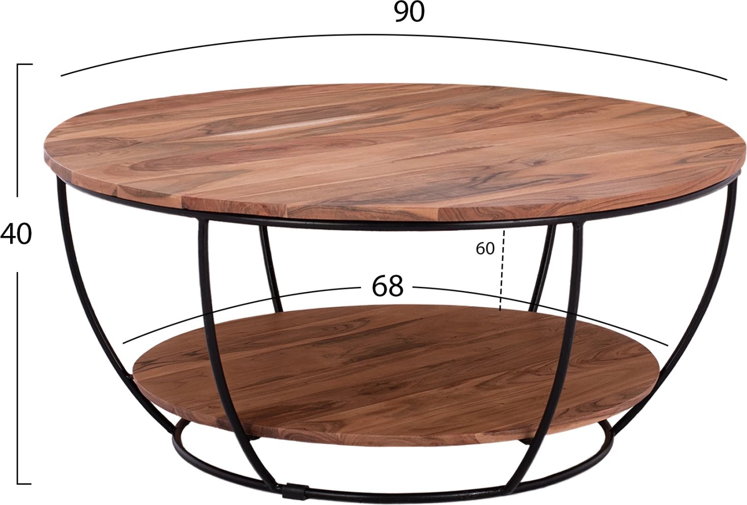 Tavolinë kafeje, dru akacie, dy nivele, ngjyrë natyrale dhe metal i zi, FH8778.11, 90x40cm