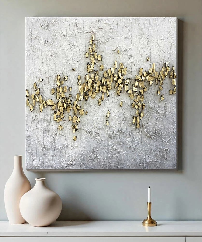 Pikturë dekorative Gold Trail, vaj dhe akrilik, kanavacë, e bardhë-gri-ari, 100x100x4cm