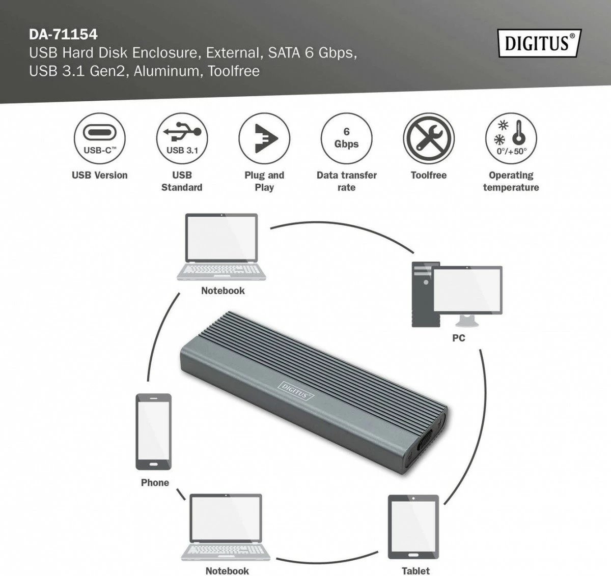 Kasë Digitus DA-71154 për SSD M.2 SATA, USB 3.1, Alumini, Gri