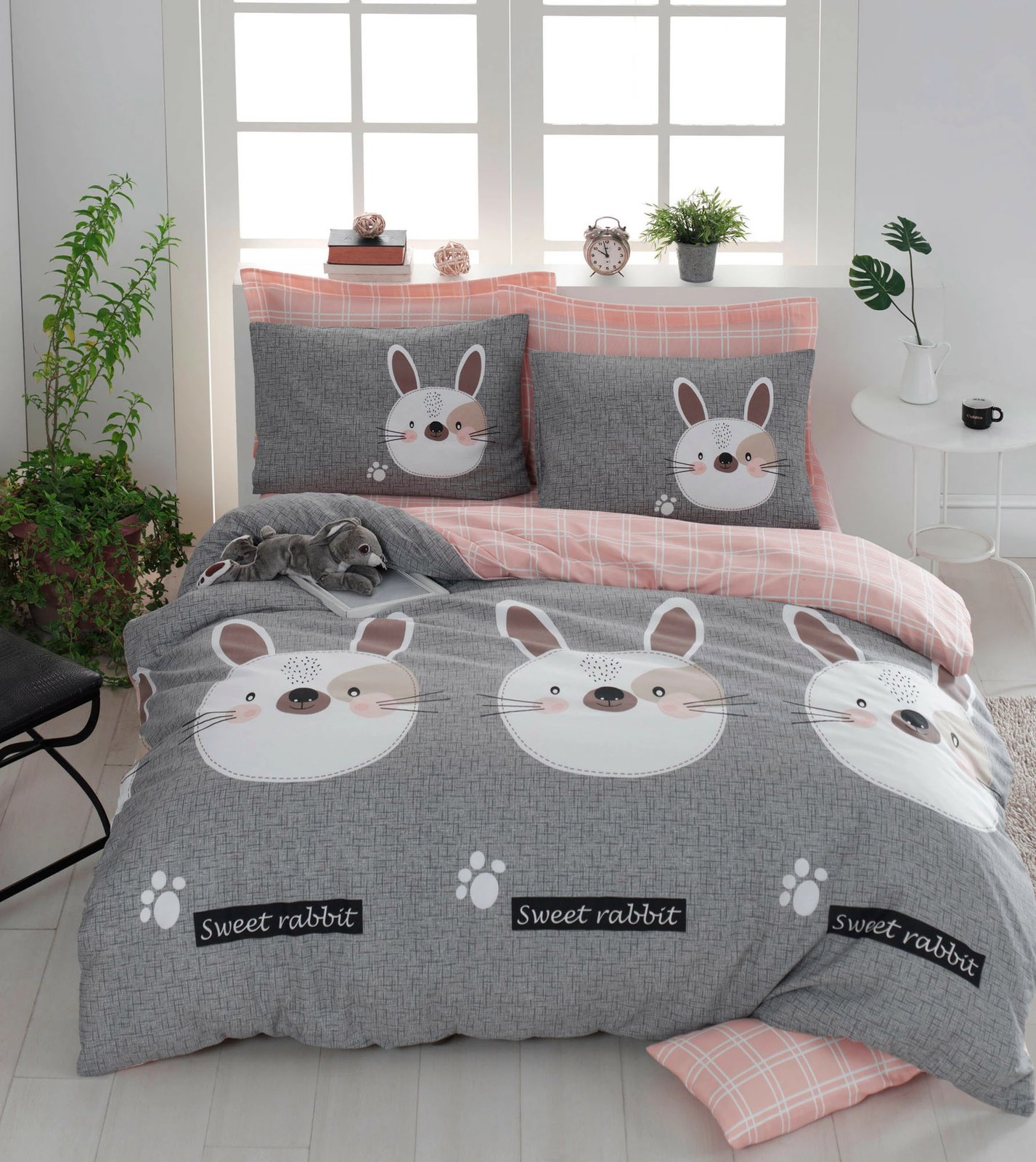 Set mbulesë për jorgan Super King, Tavşancık, ngjyrë kafe e çelët, gri, rozë