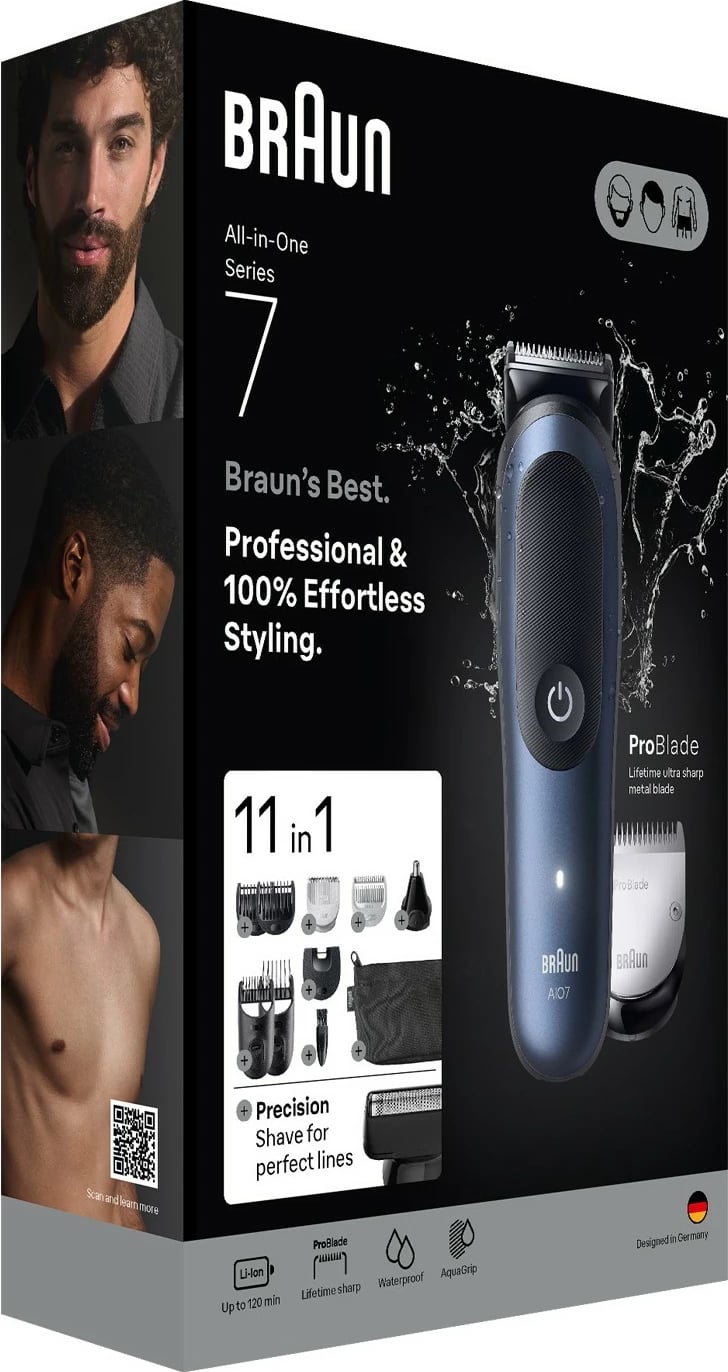 Makinë rroje Braun AIO7540, universal, 120 min, e zezë/blu Makinë rroje Braun AIO7540, universal, 120 min, e zezë/blu